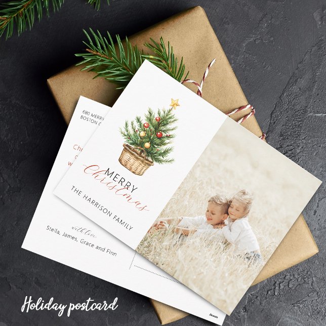 Cartes Pour Fêtes Annuelles Rustic Christmas Tree In Basket Photo (Rustic Christmas Tree In Basket Flat Holiday Card)