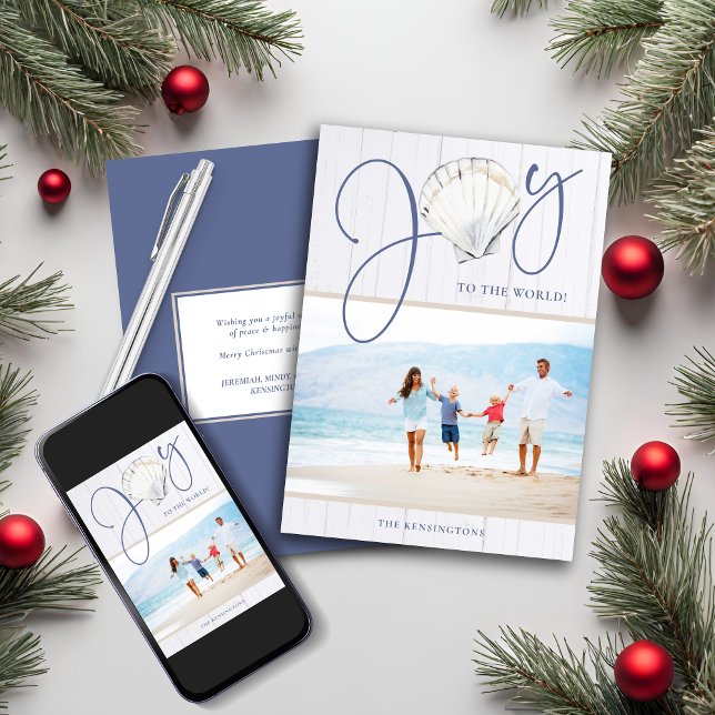 Cartes Pour Fêtes Annuelles Rustic Coastal Christmas Joie Shell Holiday Photo (Rustic Coastal Christmas Joy Shell Holiday Photo Card)