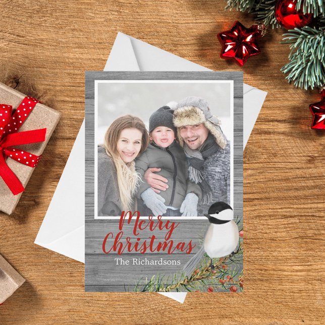 Cartes Pour Fêtes Annuelles Rustic Family Photo Chickadee Christmas Card (Créateur téléchargé)