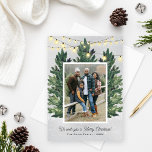 Cartes Pour Fêtes Annuelles Rustic Family Photo Christmas Tree Farm<br><div class="desc">This festive "We wish you a Merry Christmas!" holiday photo card design features a rustic chic winter scene from a Christmas tree farm that frames a favorite family portrait. Includes a snowy gray background with hanging string twinkle lights and fresh-cut green watercolor pine trees. Personalize with your choice of greeting,...</div>
