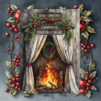 Cartes Pour Fêtes Annuelles Rustic Farmhouse Magic Christmas Fireplace Hearth