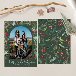 Cartes Pour Fêtes Annuelles Rustic Forest Green Joyeuses vacances Arc botaniqu