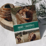 Cartes Pour Fêtes Annuelles Rustic Green Winter Christmas 3 Photo Collage<br><div class="desc">Ce design de vacances simple et rustique comprend un collage de vos trois meilleures photos de famille sur une texture de papier rustique en couleur vert émeraude et le mot "Joyeux Noël" dans le texte vintage. Parfait pour les cartes de voeux de style ferme. Ajoutez facilement votre meilleure photo, vos...</div>