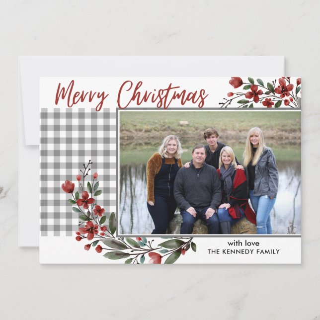 Cartes Pour Fêtes Annuelles Rustic Grey En vichy Plaid Joyeux Noël Photo (Devant)
