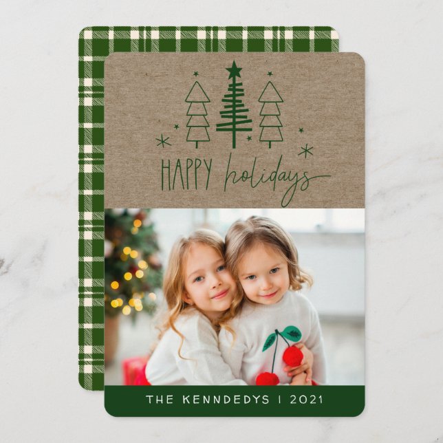 Cartes Pour Fêtes Annuelles Rustic Happy Holidays Photo Plaid Christmas Card (Devant / Derrière)