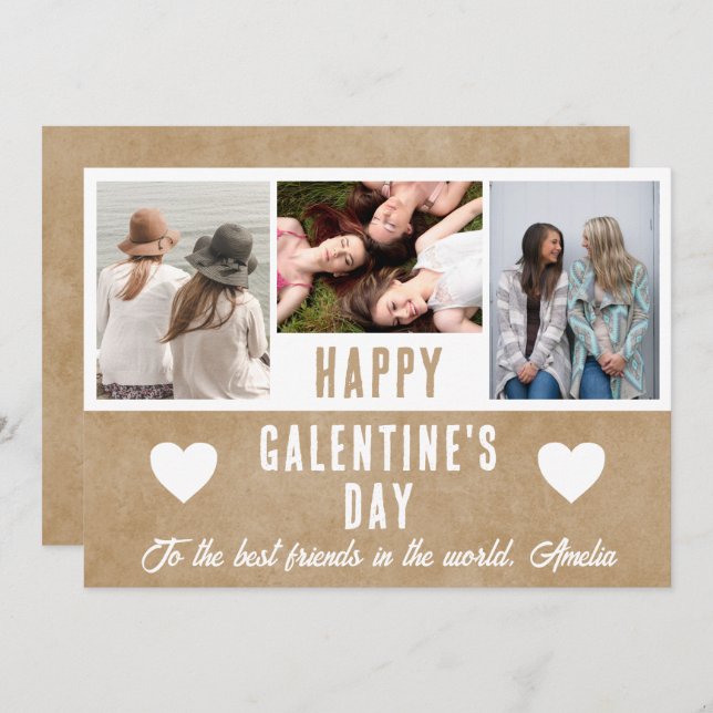 Cartes Pour Fêtes Annuelles Rustic Heart Galentine's Day Friends 3 Photo (Devant / Derrière)