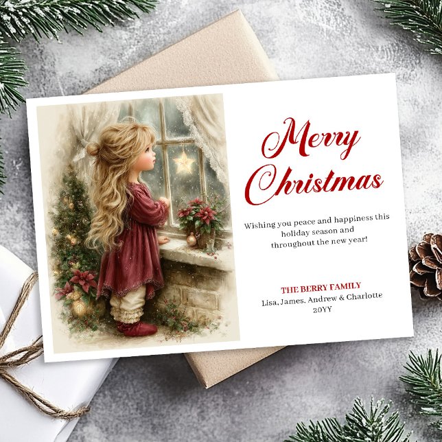 Cartes Pour Fêtes Annuelles Rustic little girl awaiting Santa printable Xmas (Rustic little girl awaiting Santa printable Xmas Holiday Card)