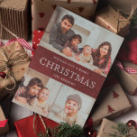 Cartes Pour Fêtes Annuelles Rustic Maroon Red Winter Christmas Photo Collage<br><div class="desc">Envoyez à votre famille et à vos amis une carte de Noël élégante avec vos photos de famille préférées. Retournez la carte pour révéler un beau motif de flocons de neige au dos de la carte.</div>
