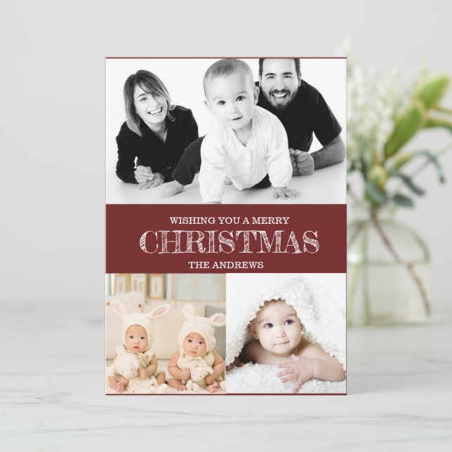 Cartes Pour Fêtes Annuelles Rustic Maroon Red Winter Christmas Photo Collage H (Debout devant)