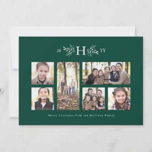 Cartes Pour Fêtes Annuelles Rustic monogram green holiday photo collage card