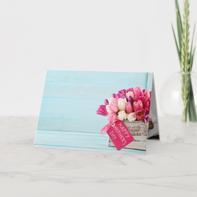 Cartes Pour Fêtes Annuelles Rustic Pink Tulips Box Photo Fête des mères (Devant)