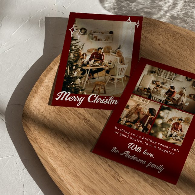 Cartes Pour Fêtes Annuelles Rustic Red Maroon Photos Joyeux Noël de famille (Créateur téléchargé)