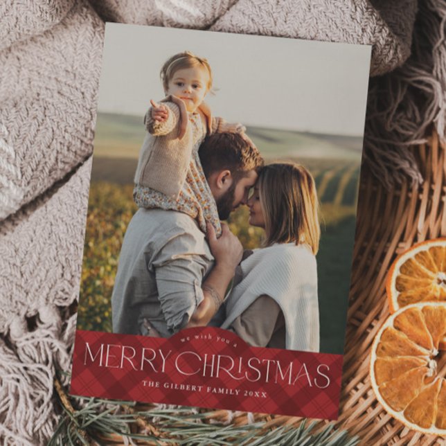 Cartes Pour Fêtes Annuelles Rustic Red Plaid 2 Photo Joyeux Noël (Rustic red plaid portrait 2 photo christmas cards.)