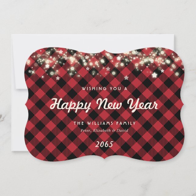 Cartes Pour Fêtes Annuelles Rustic Red Plaid Lights Stars New Year Card (Devant)