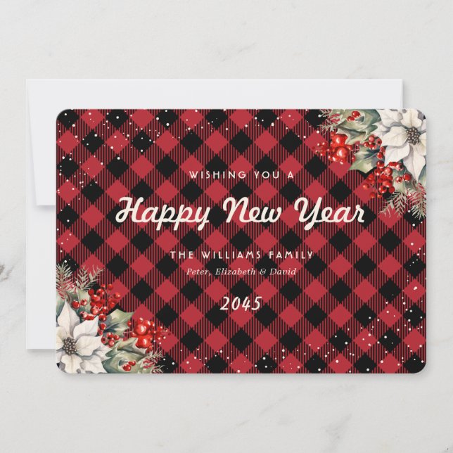 Cartes Pour Fêtes Annuelles Rustic Red Plaid Snow Botanical New Year Card (Devant)