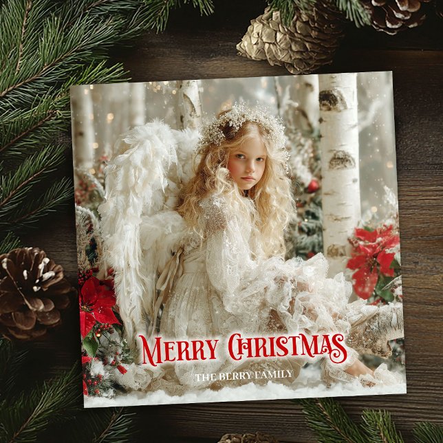 Cartes Pour Fêtes Annuelles Rustic victorian angel red poinsettias seasonal   (Rustic victorian angel red poinsettias seasonal card)