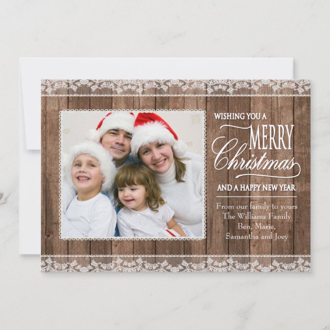 Cartes Pour Fêtes Annuelles Rustic White Lace & Wood Christmas Flat Photo Card (Devant)