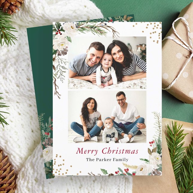 Cartes Pour Fêtes Annuelles Rustic Winter Botanical Floral 2 Photos Noël (Créateur téléchargé)