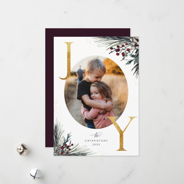 Cartes Pour Fêtes Annuelles Rustic Winter Boughs Golden Joy Photo Holiday Card (Devant/Arrière en situation)