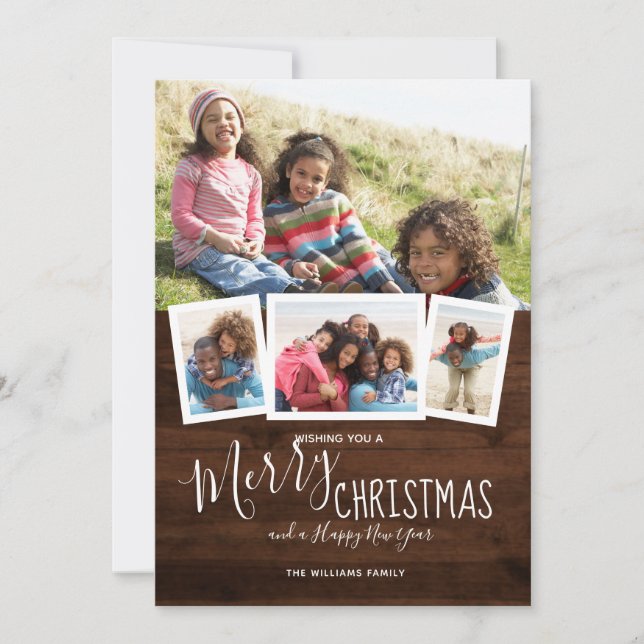 Cartes Pour Fêtes Annuelles Rustic Wood 4 Photo Collage Joyeux Noël (Devant)