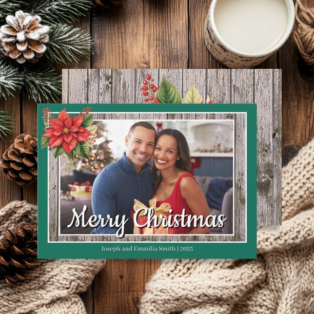 Cartes Pour Fêtes Annuelles Rustic Wood Green Family Photo Joyeux Noël (Emerald green and red poinsettia "Merry Christmas" photo greeting card
)
