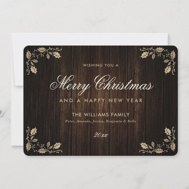 Cartes Pour Fêtes Annuelles Rustic Wood Holly Joyeux Noël Bonne année (Devant)
