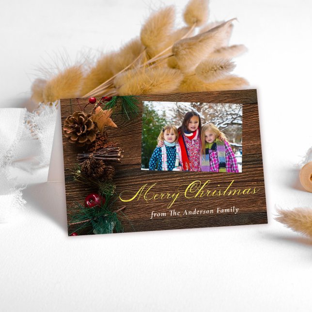 Cartes Pour Fêtes Annuelles Rustic Wood Photo voeux de Noël (Créateur téléchargé)