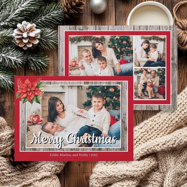 Cartes Pour Fêtes Annuelles Rustic Wood Red Family 4 Photo Joyeux Noël (Red and rustic wood, 4-photo "Merry Christmas" greeting card)
