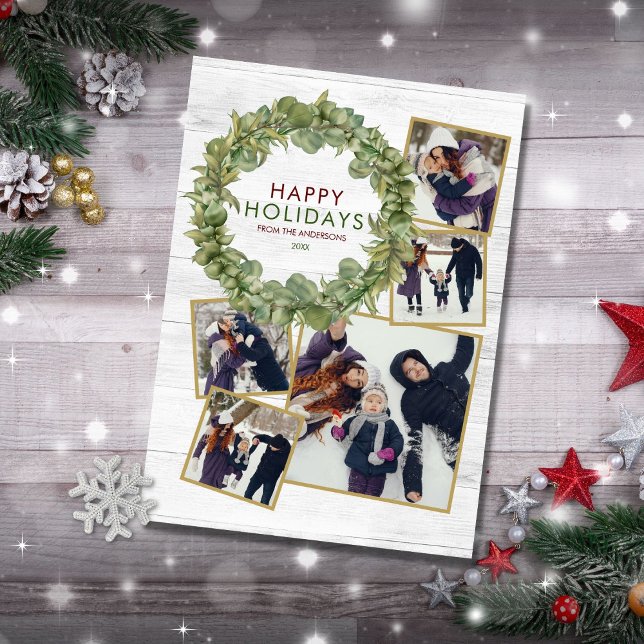 Cartes Pour Fêtes Annuelles Rustique 5 Photo Collage Verdure Bourgogne Noël (Créateur téléchargé)