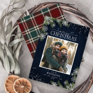 Cartes Pour Fêtes Annuelles Rustique Bleu Tartan Bois Joyeux Photo de Noël