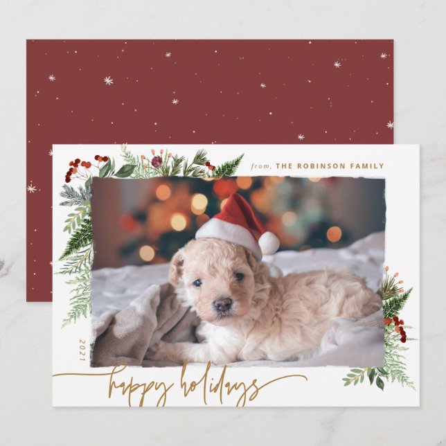 Cartes Pour Fêtes Annuelles Rustique Boho Green Gold Dry Brush Effet Photo H (Devant / Derrière)