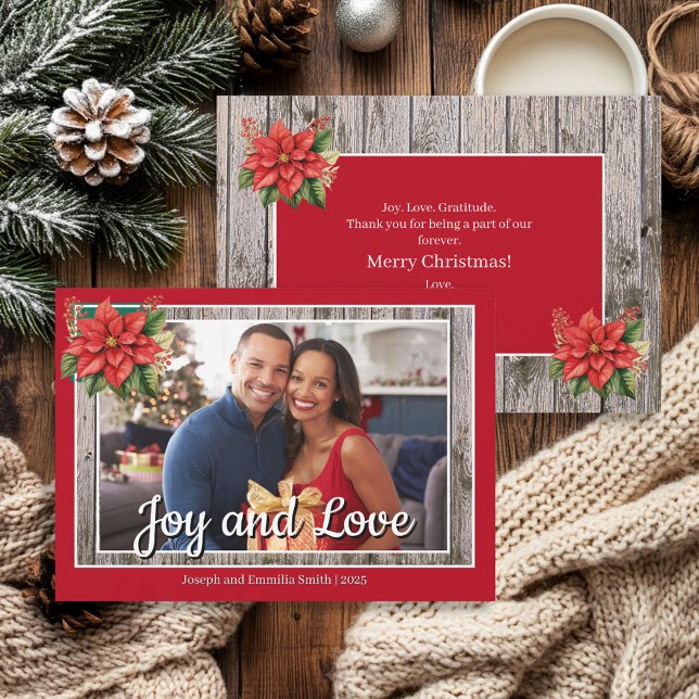 Cartes Pour Fêtes Annuelles Rustique Bois Poinsettia Rouge Famille Photo (Red rustic wood and poinsettias photo "Joy and Love" Christmas card)