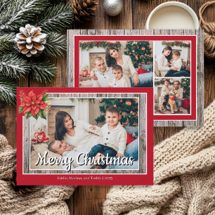 Cartes Pour Fêtes Annuelles Rustique Bois Rouge Famille 4 Photo Joyeux Noël