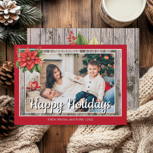 Cartes Pour Fêtes Annuelles Rustique Bois Rouge Famille Photo Joyeuses Fêtes