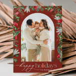 Cartes Pour Fêtes Annuelles Rustique Bourgogne Joyeux Fêtes Foliage Arc Photo<br><div class="desc">Cette collection présente des fleurs rouges aquarelles,  des baies et de la verdure hivernale avec une typographie moderne et élégante,  avec un motif botanique d'hiver.</div>