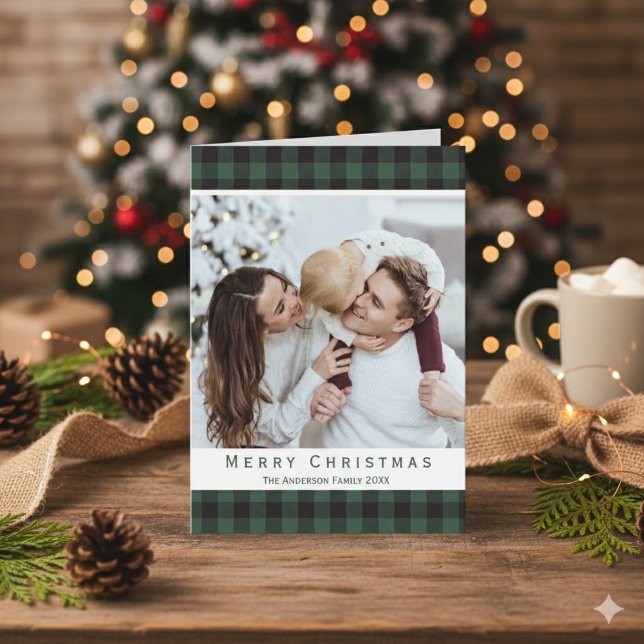 Cartes Pour Fêtes Annuelles Rustique Buffle vert Plaid Joyeux Noël Photo (Rustic Green Buffalo Plaid Merry Christmas Photo Holiday Card)