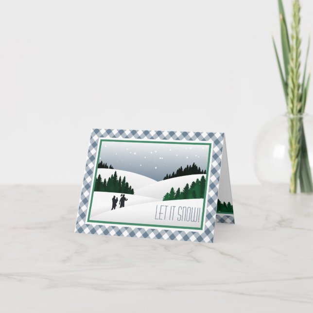 Cartes Pour Fêtes Annuelles Rustique Dusty Blue Plaid Winter Woodland Snowscap (Devant)