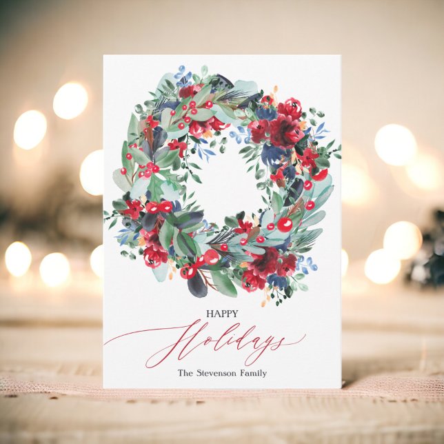 Cartes Pour Fêtes Annuelles Rustique floral rouge marine bleu Noël couronne he (Rustic floral red navy blue Christmas wreath happy Holiday Card)