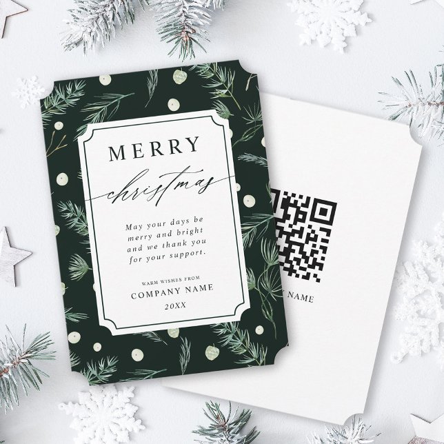 Cartes Pour Fêtes Annuelles Rustique hiver verdure QR Code Entreprise Noël (Front & Back)