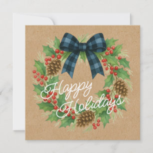 Cartes Pour Fêtes Annuelles Rustique Holly Wreath Bleu Noir À damiers Bow
