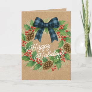 Cartes Pour Fêtes Annuelles Rustique Holly Wreath Bleu Noir À damiers Bow
