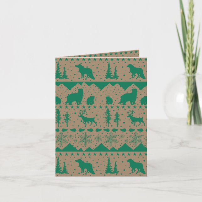 Cartes Pour Fêtes Annuelles Rustique Kraft Nordic Sweater Green Animaux d'hive (Devant)