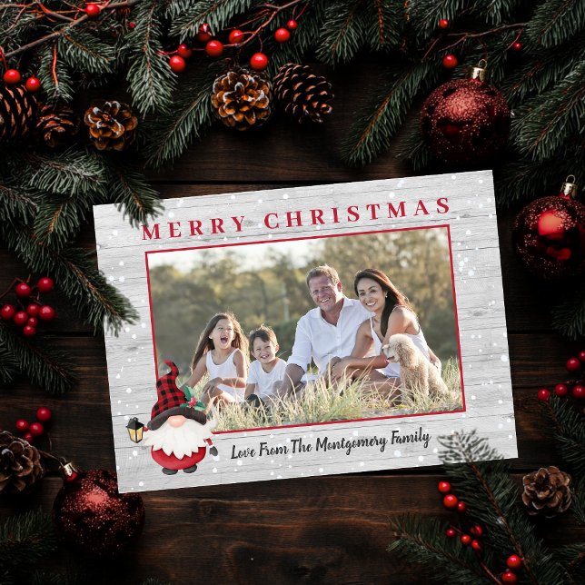 Cartes Pour Fêtes Annuelles Rustique Lumberjack Gnome Photo personnalisée Noël (Rustic Lumberjack Gnome Custom Photo Christmas Holiday Card)
