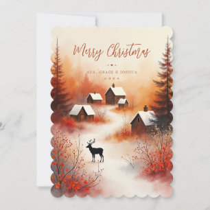 Cartes Pour Fêtes Annuelles Rustique Noël d'hiver Cerfs Cottages TMF26