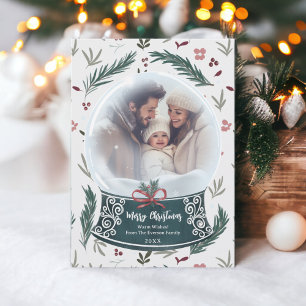 Cartes Pour Fêtes Annuelles Rustique Noël enneigé globe floral photo de famill