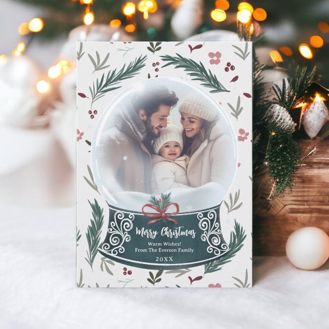 Cartes Pour Fêtes Annuelles Rustique Noël enneigé globe floral photo de famill (Rustic Christmas snow globe floral family photo Holiday Card on off white)