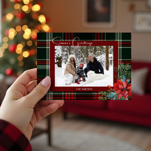 Cartes Pour Fêtes Annuelles Rustique Noël Plaid avec Poinsettia & Pine Photo