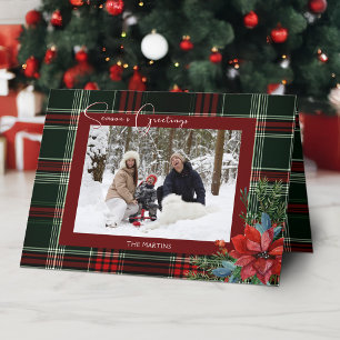 Cartes Pour Fêtes Annuelles Rustique Noël Plaid avec Poinsettia & Pine Photo