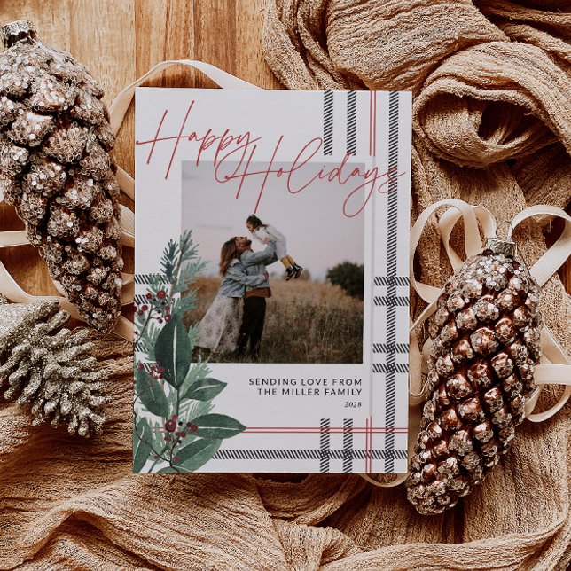 Cartes Pour Fêtes Annuelles Rustique Plaid Green Noël de famille (Rustic Plaid Greenery Family Photo Christmas Card)