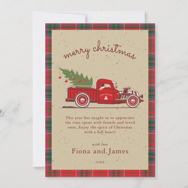 Cartes Pour Fêtes Annuelles Rustique Plaid Kraft Red Truck Tree Personnalisé (Devant)
